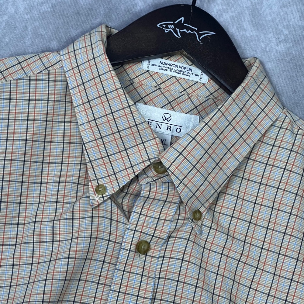 Enro Mens XXL Non-Iron Poplin‎ Button Down Shirt Plaid Combed Cotton Tan Blue